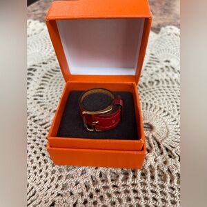 Hermes Red Leather Buckle Scarf Ring